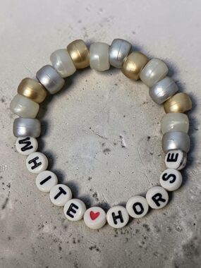 White Horse Beaded Stretch Bracelet - Ivory, Gold & Silver
